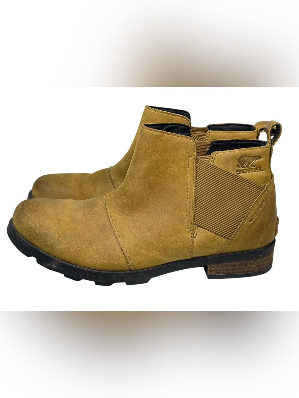 SOREL Emelie Chelsea Boots Waterproof Camel Brown Leather Women’s Size 10.5 - Picture 3 of 11